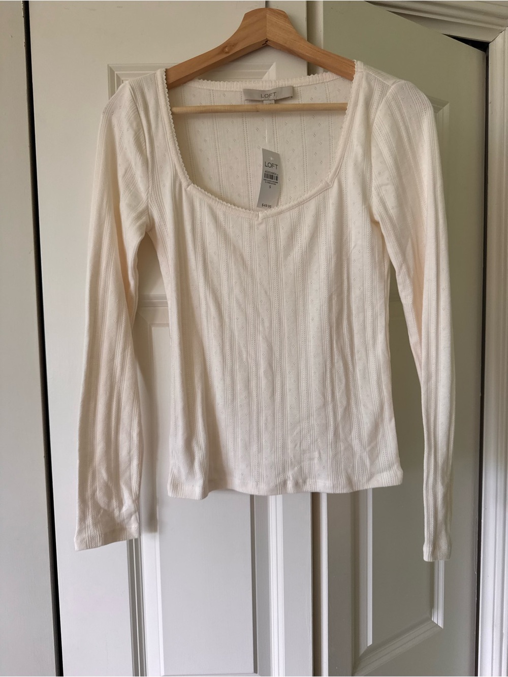 LOFT Cream Ribbed Long-Sleeve Scoop Neck Top